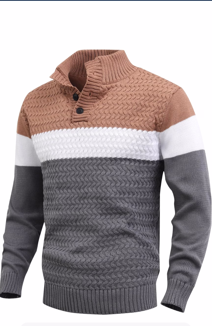 Men's tri-button pullover sweater, mock neck lightweight knitted Henley style