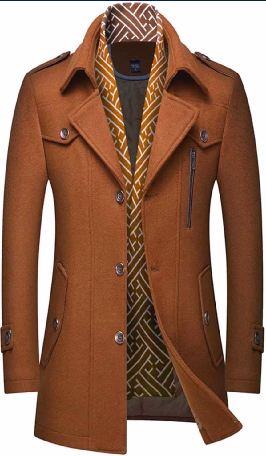 Men's wool blend winter trench coat with detachable soft scarf, single breasted pea coat style